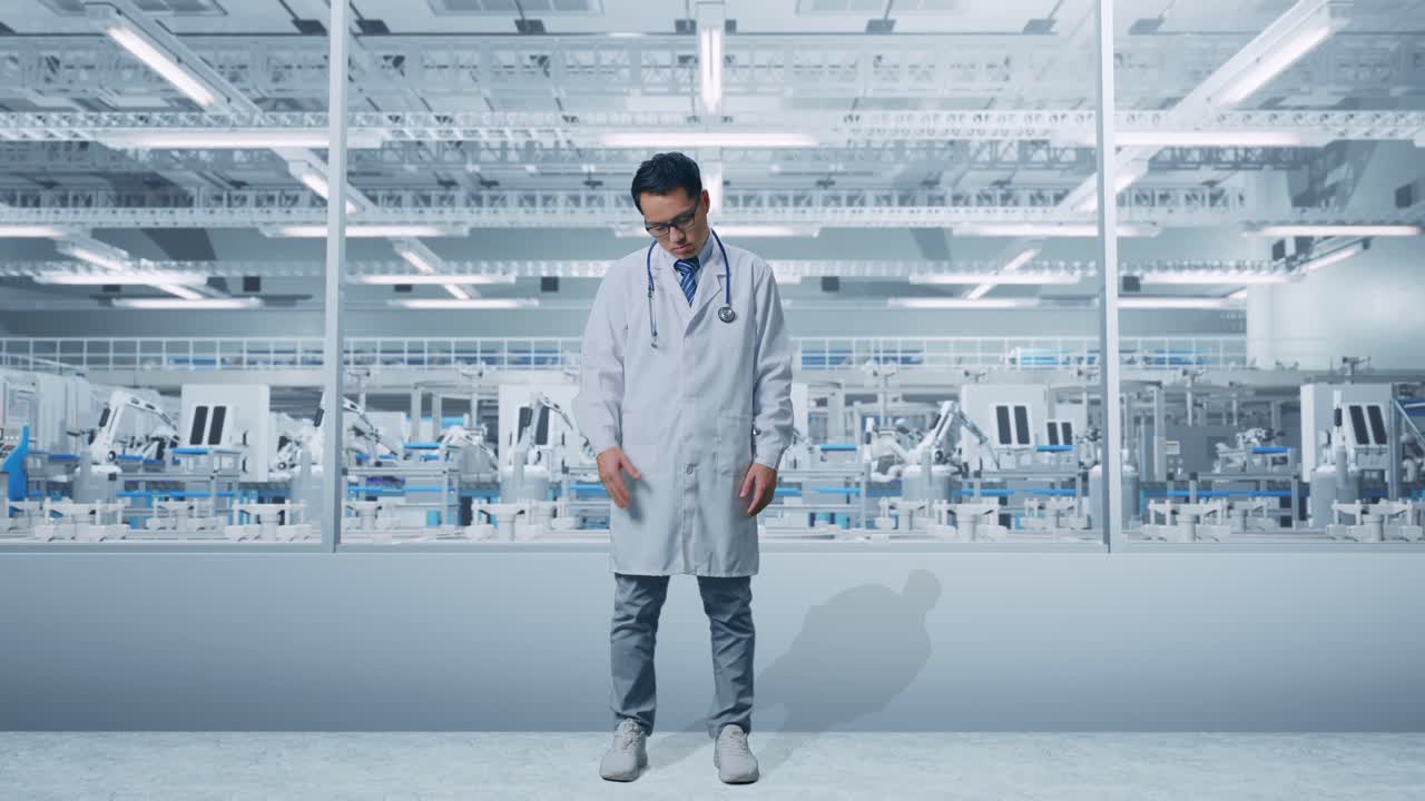 Full Body Of Asian Male Doctor With Stethoscope Having A Headache While Standing In Laboratory