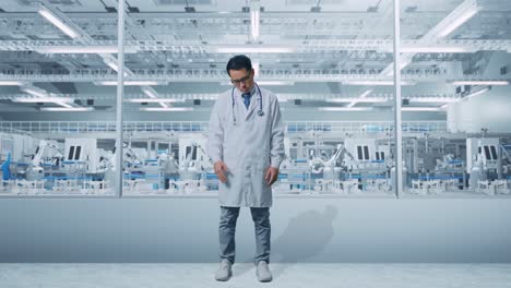 cuerpo lleno de médico masculino asiático con estetoscopio que tiene dolor de cabeza mientras está de pie en el laboratorio
