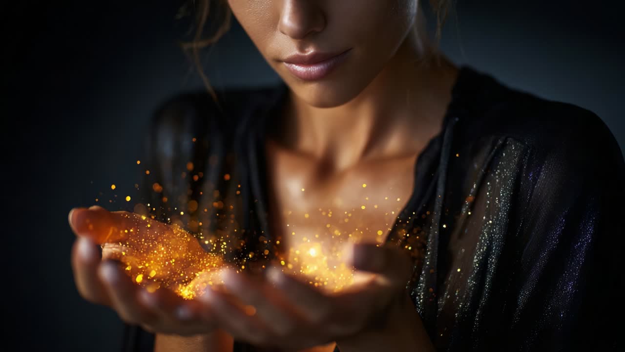A Mysterious Woman Capturing Golden Sparkles in Her Hands, Creating a Magical Aura that Illuminates the Dark Background, Fostering a Sense of Wonder and Enchantment for the Viewer