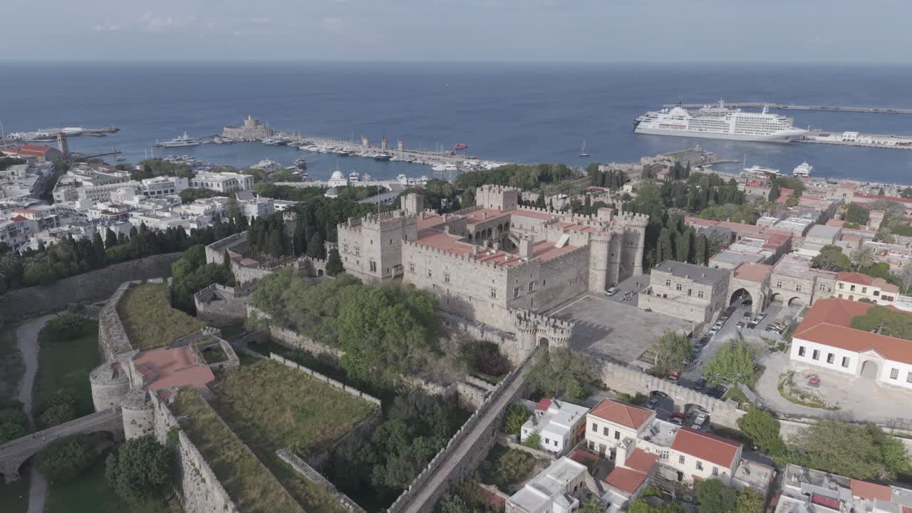 Aerial drone footage showcasing Aerial view of Rhodes Old Town, Rhodes, Greece.