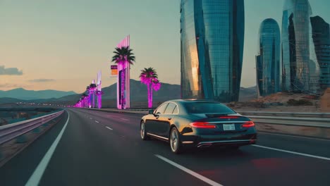 futuristic drive: car on highway towards a modern city with purple palm trees at sunset