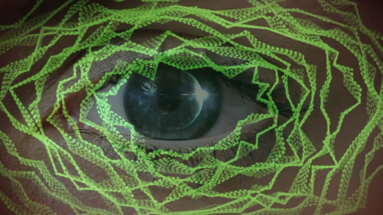 Forma d'onda verde che avvia il sollevamento della palpebra mentre una donna apre l'occhio rivelando l'iride per una scansione biometrica