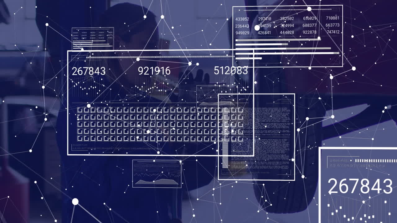 woman using digital keyboard overlay in tech lab, displaying floating data and network graph