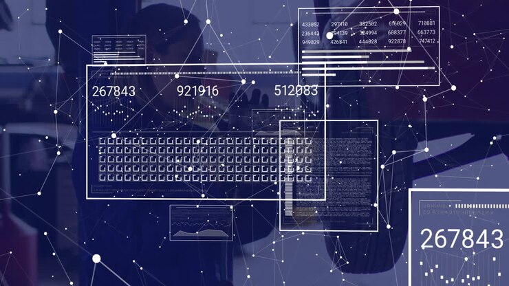 woman using digital keyboard overlay in tech lab, displaying floating data and network graph