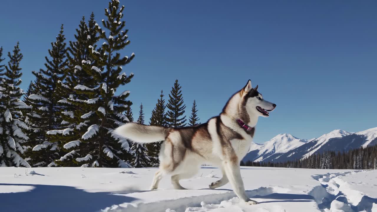 A Siberian husky walks through snowy terrain, captured from a low-angle in a video