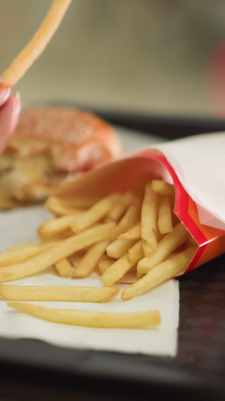 여성의 손은 부분적으로 먹은 햄버거와 커피 컵을 가진 트레이에 있는 감자김에 손을 고, 김을 뽑은 후, 그녀는 어 먹고 커피를 마시며, 배경에는 부드러운 보케 조명이 있습니다.