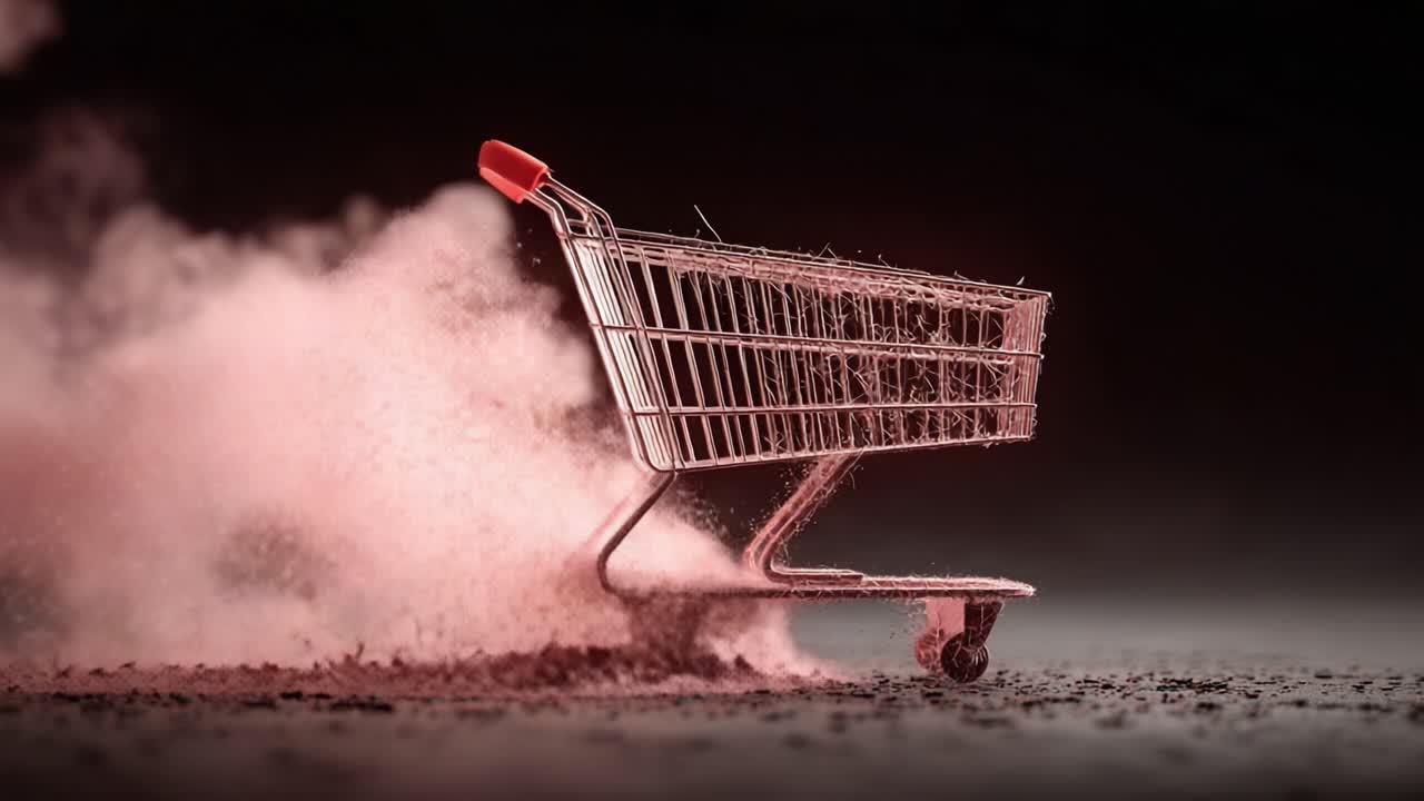 A dynamic representation of movement and energy, depicting a shopping cart in action, surrounded by dust and particles, illustrating the rush and excitement of retail environments