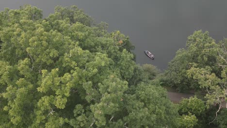 people fish from boat near forested lake shore while jogger runs past