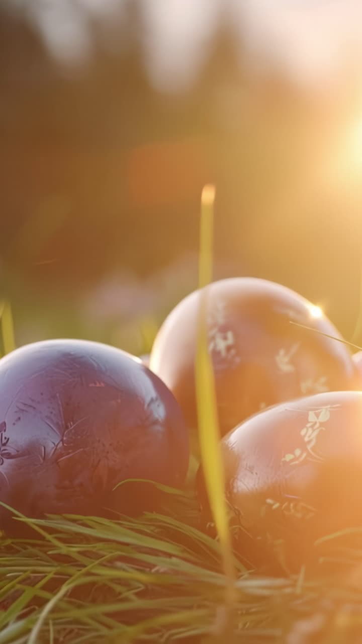 A Beautiful Close-Up of Ornately Decorated Easter Eggs Nestled Among Green Grass and Wildflowers, Captured in the Warm Glow of a Sunset