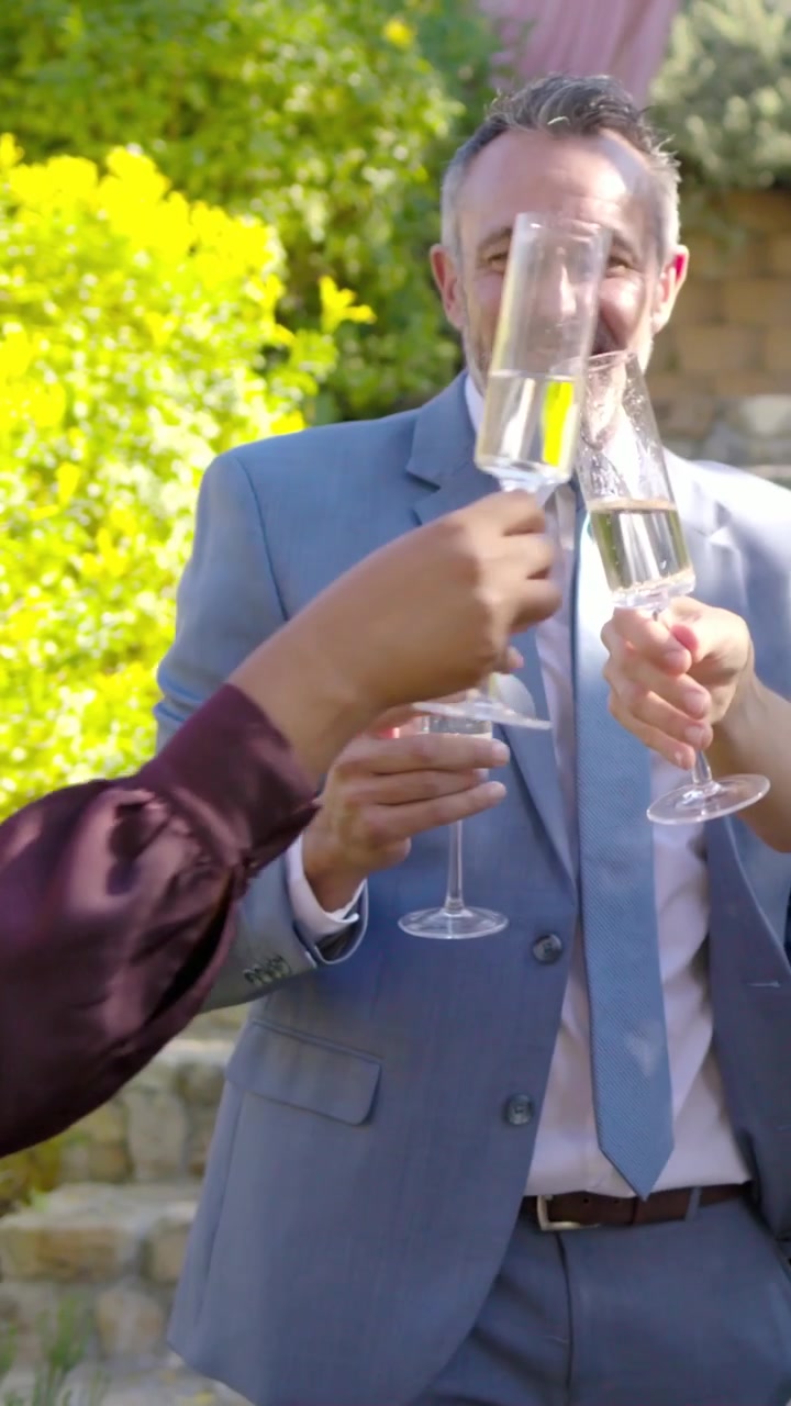 Vertical video: Smiling man in blue suit getting hug offscreen and toasting flutes at garden party