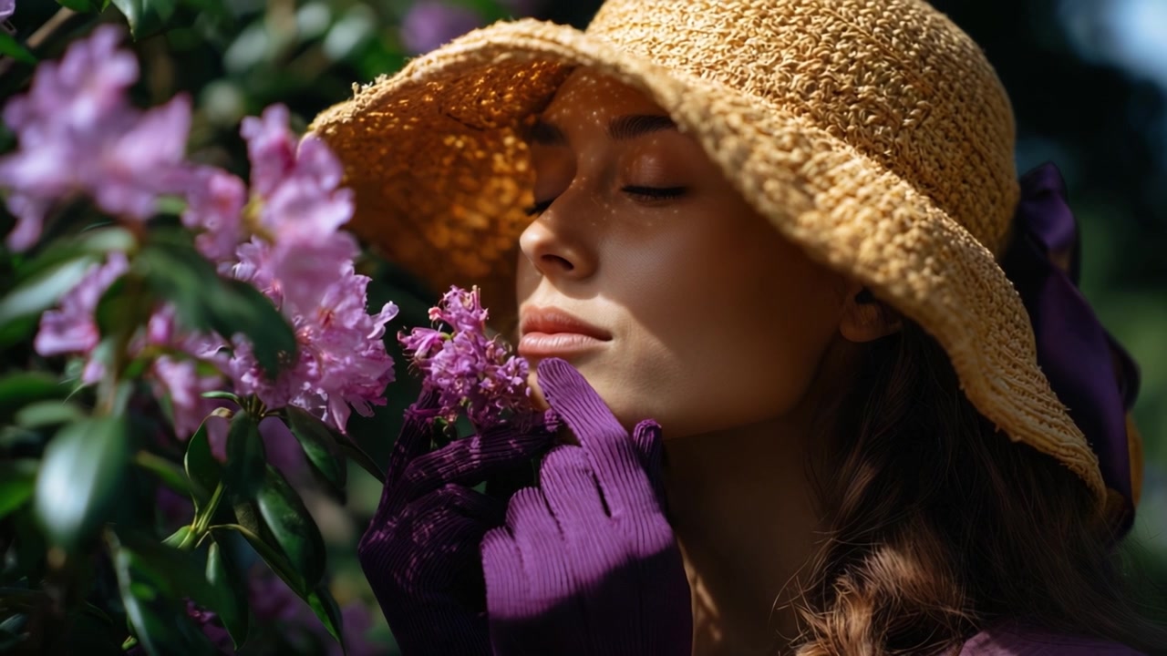 Una donna con un cappello di paglia e guanti viola interagisce delicatamente con fiori in fiore, godendosi un momento sereno circondata dalla bellezza della natura in piena fioritura.