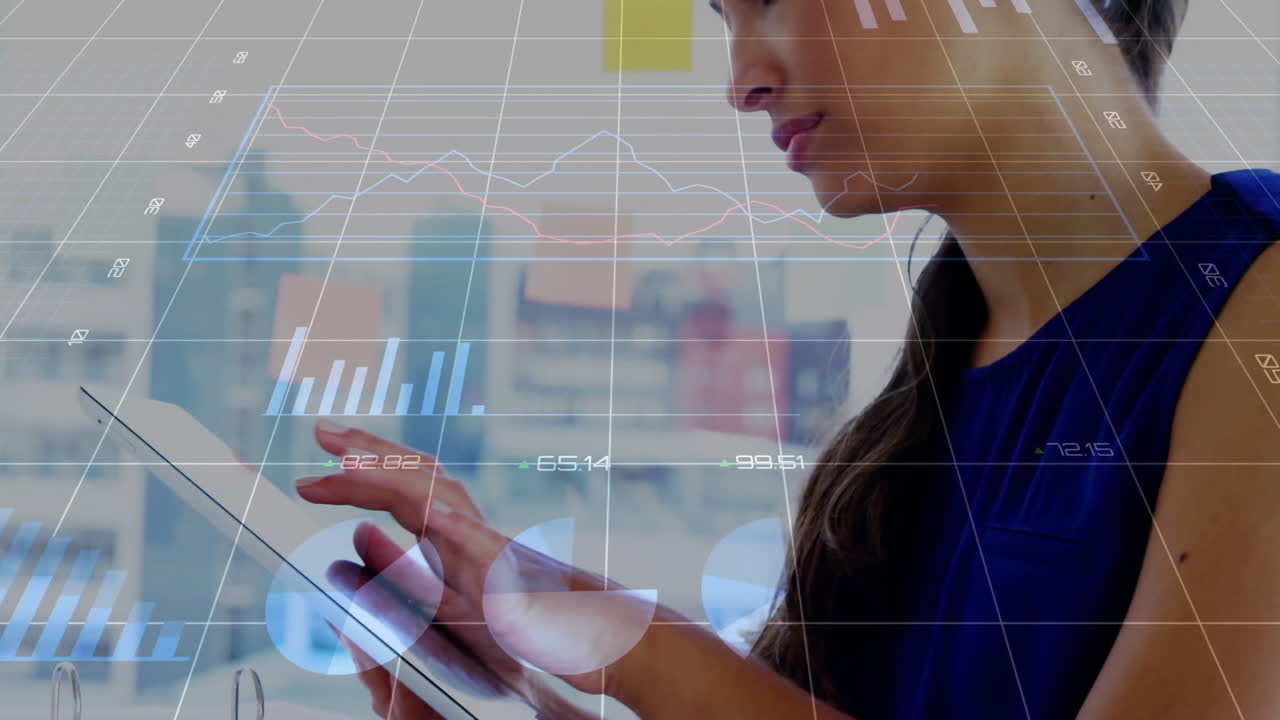 Business analyst tapping tablet, projecting financial charts and graphs across city skyline window