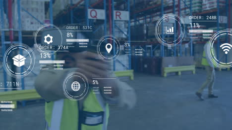 warehouse worker with data processing animation over industrial background