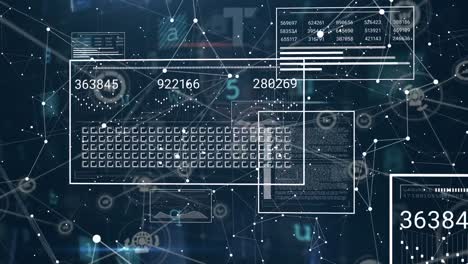 animation of numbers, graphs, loading circles and bars over connected icons on abstract background