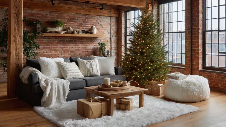 Un soggiorno accogliente decorato per le feste, con un albero di Natale splendidamente addobbato, tessuti morbidi e un'atmosfera calda, ideale per riunioni festive