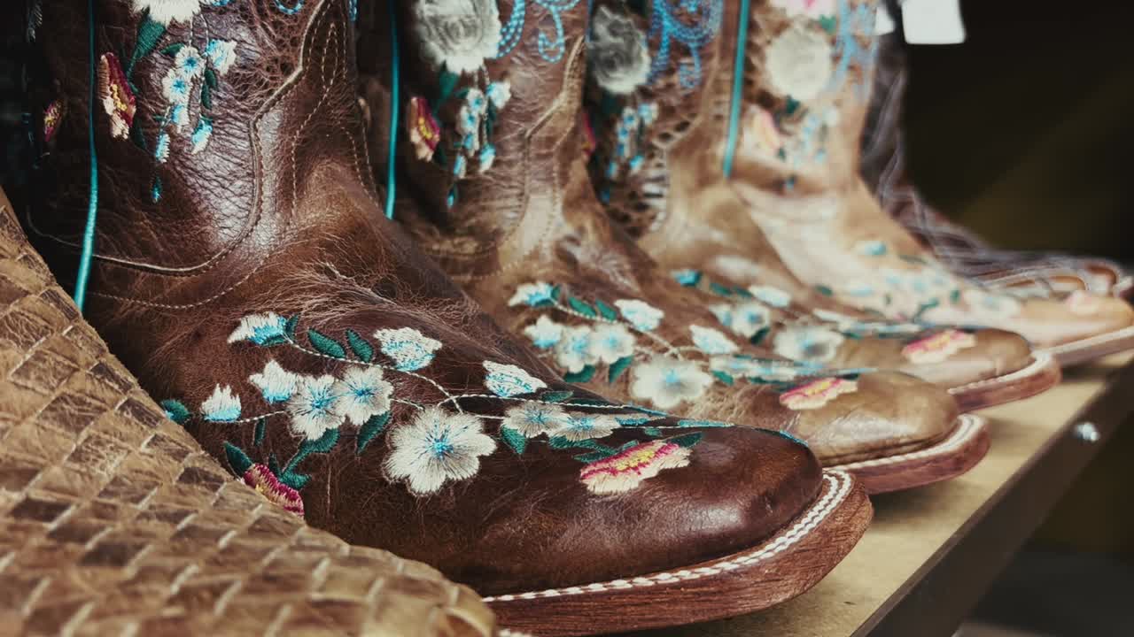 Primer plano de unas botas de cowboy de cuero marrón con detalles florales bordados expuestas en una tienda de Texas