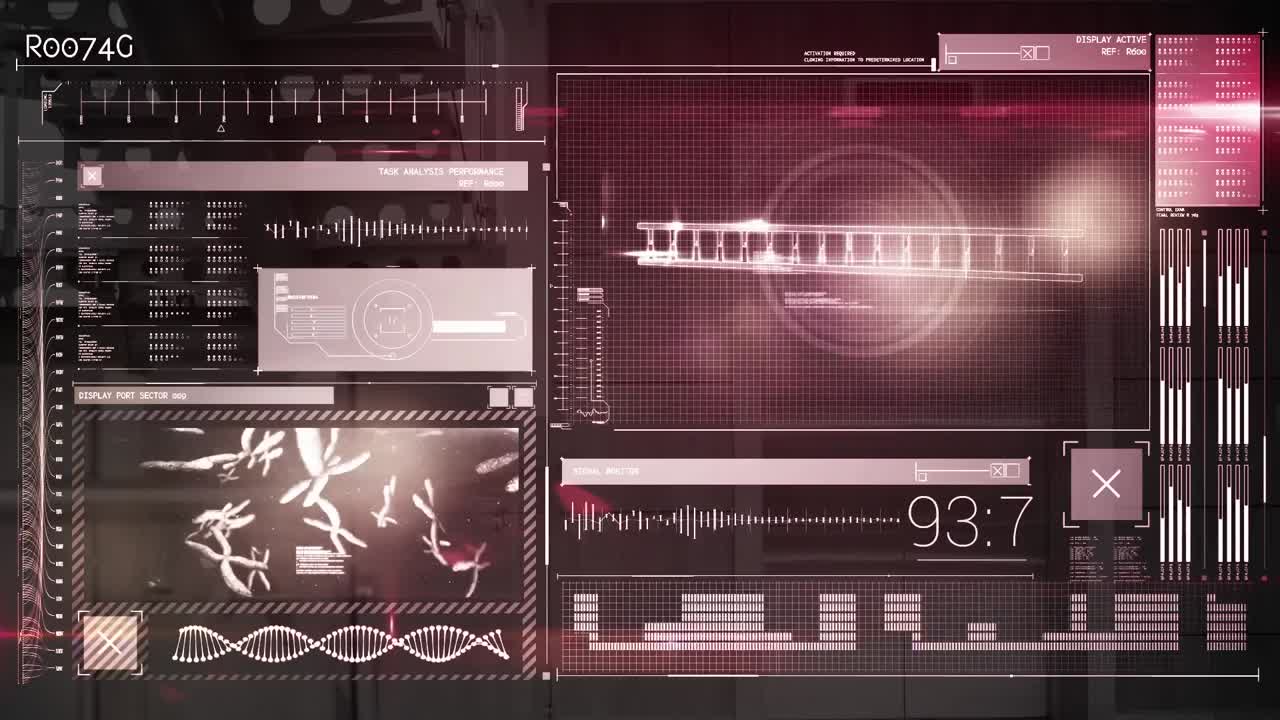 빨간색 배경에 데이터 처리를 가진 디지털 인터페이스