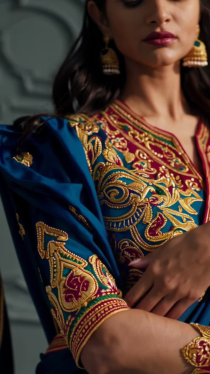 Woman wearing a beautifully embroidered blue saree