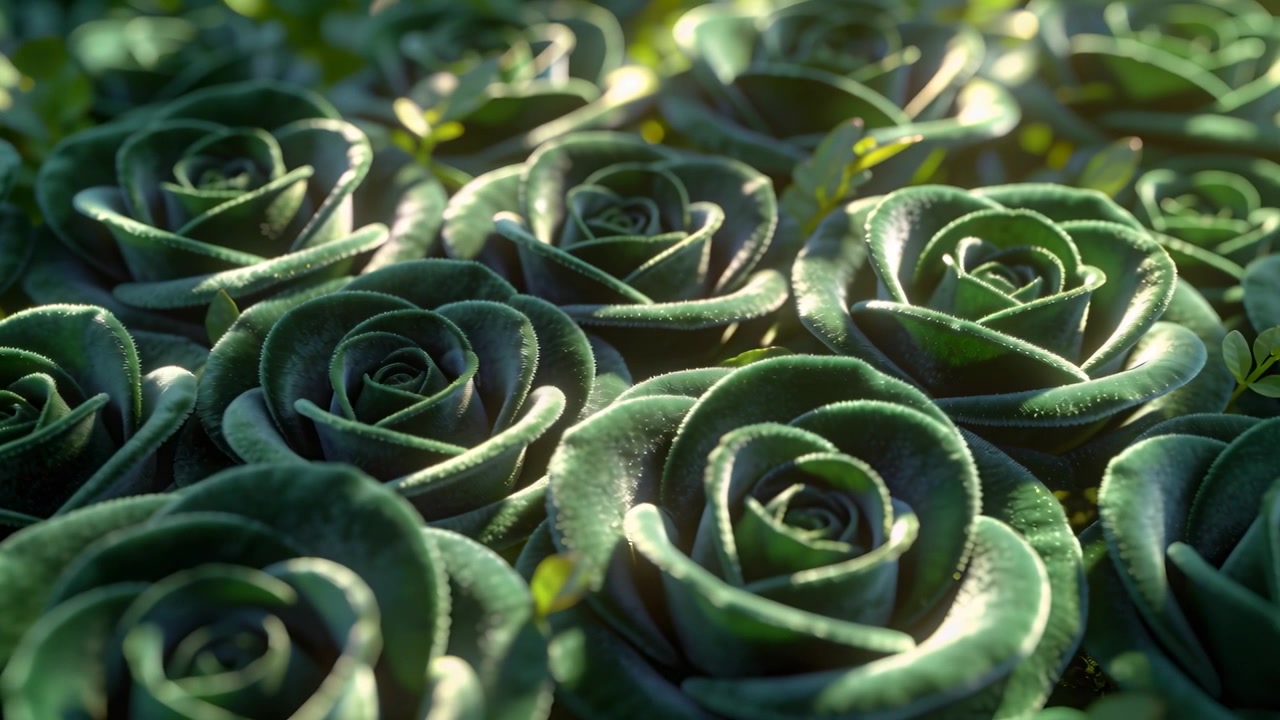 La telecamera si allontana, rivelando più rosette di succulente in un'aiuola esterna, mostrando punti luce illuminati dal sole.