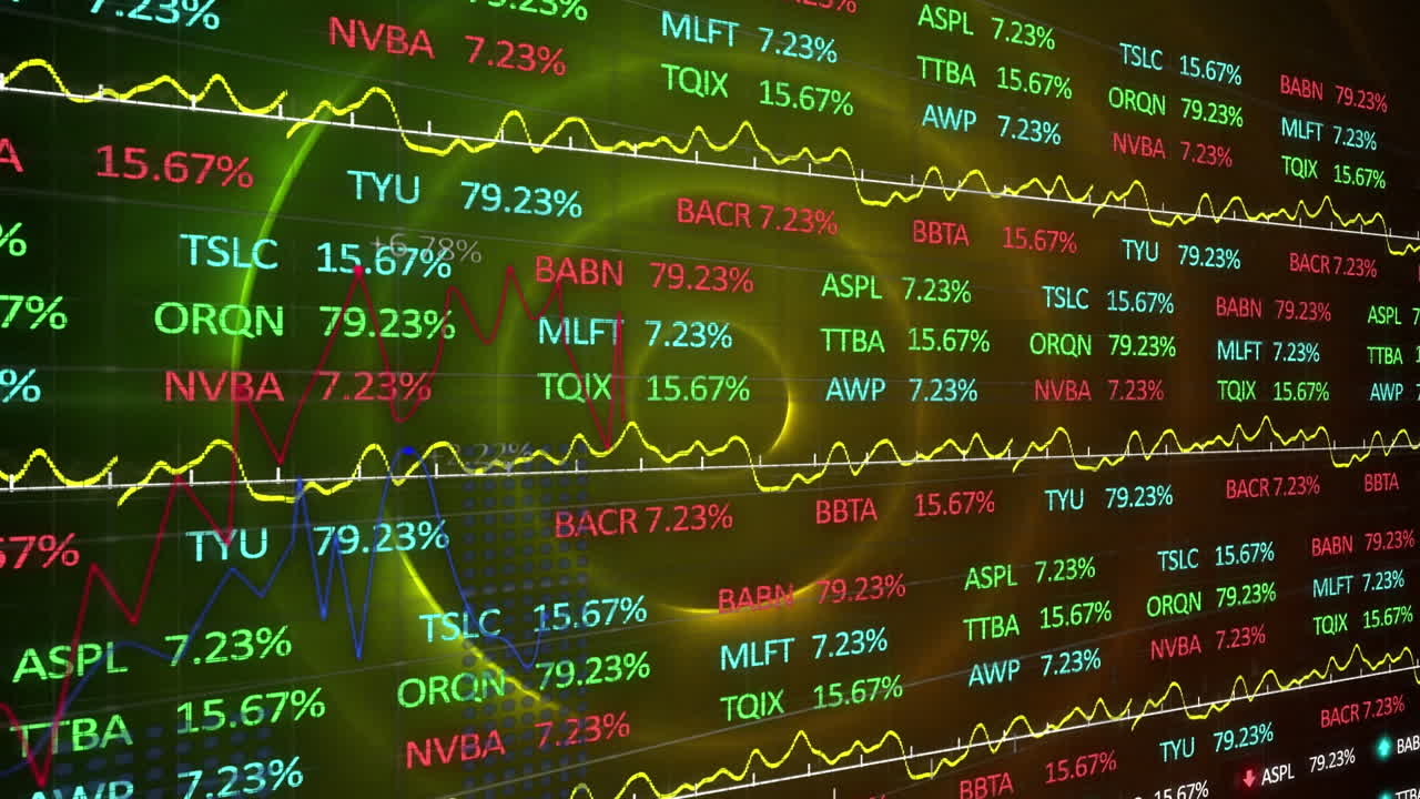 조명 된 원형 패턴 위에 거래 보드와 함께 여러 그래프와 숫자의 애니메이션