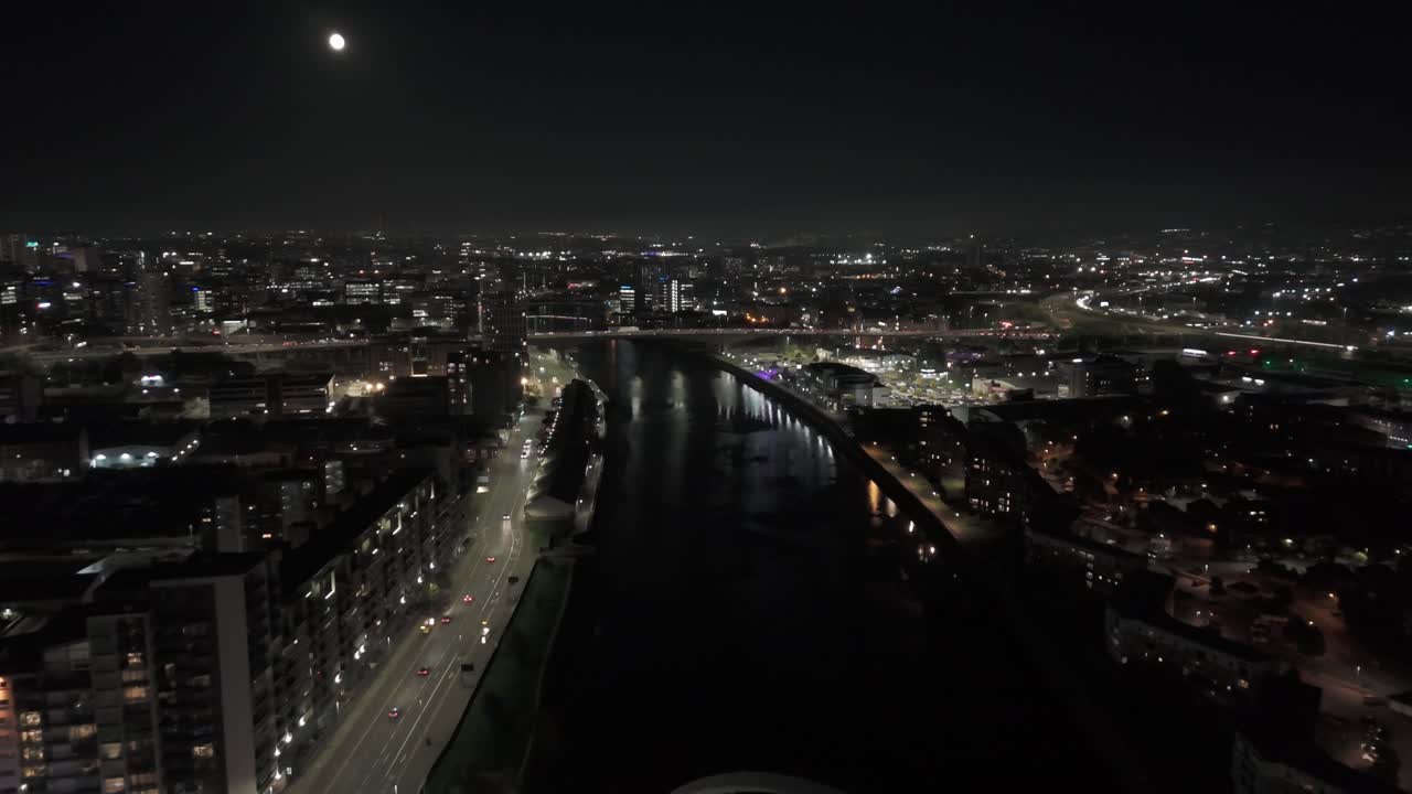City river location, famous modern bridge architecture, evening scene