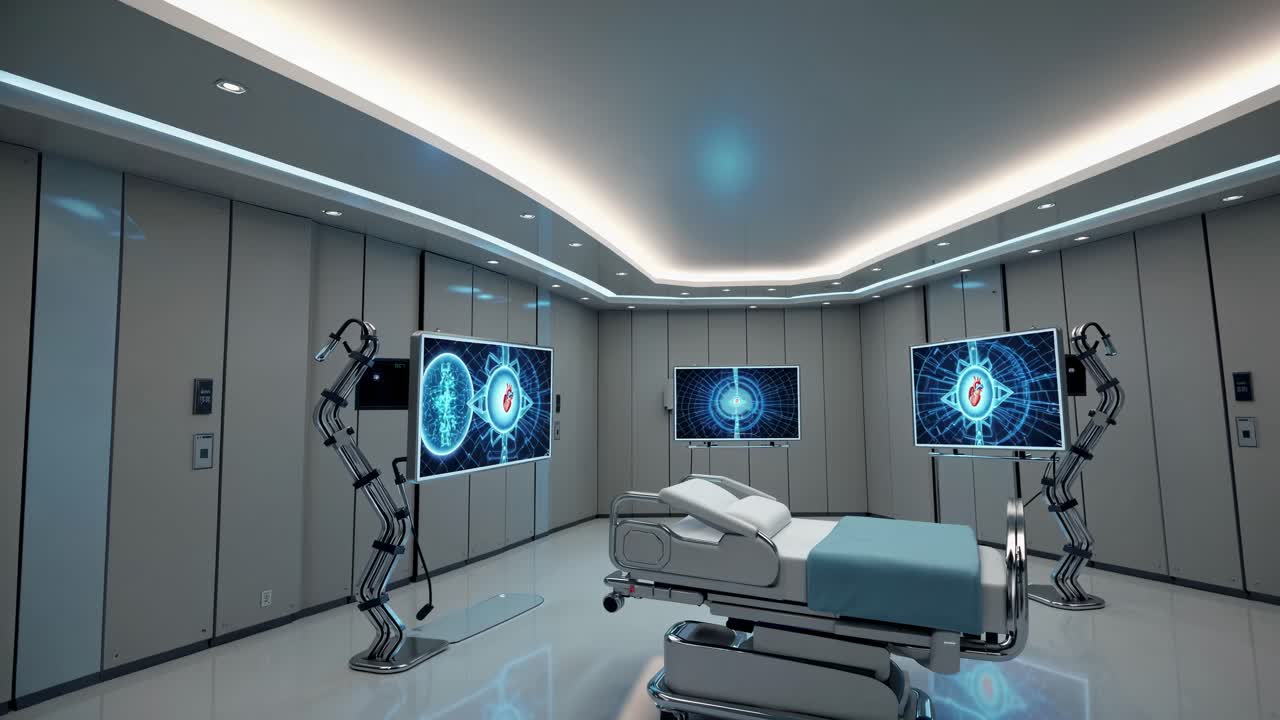 Futuristic medical room with advanced technology. Robotic arms and digital screens in a high-tech