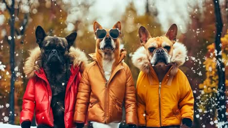 three dogs wearing jackets and sunglasses in the snow