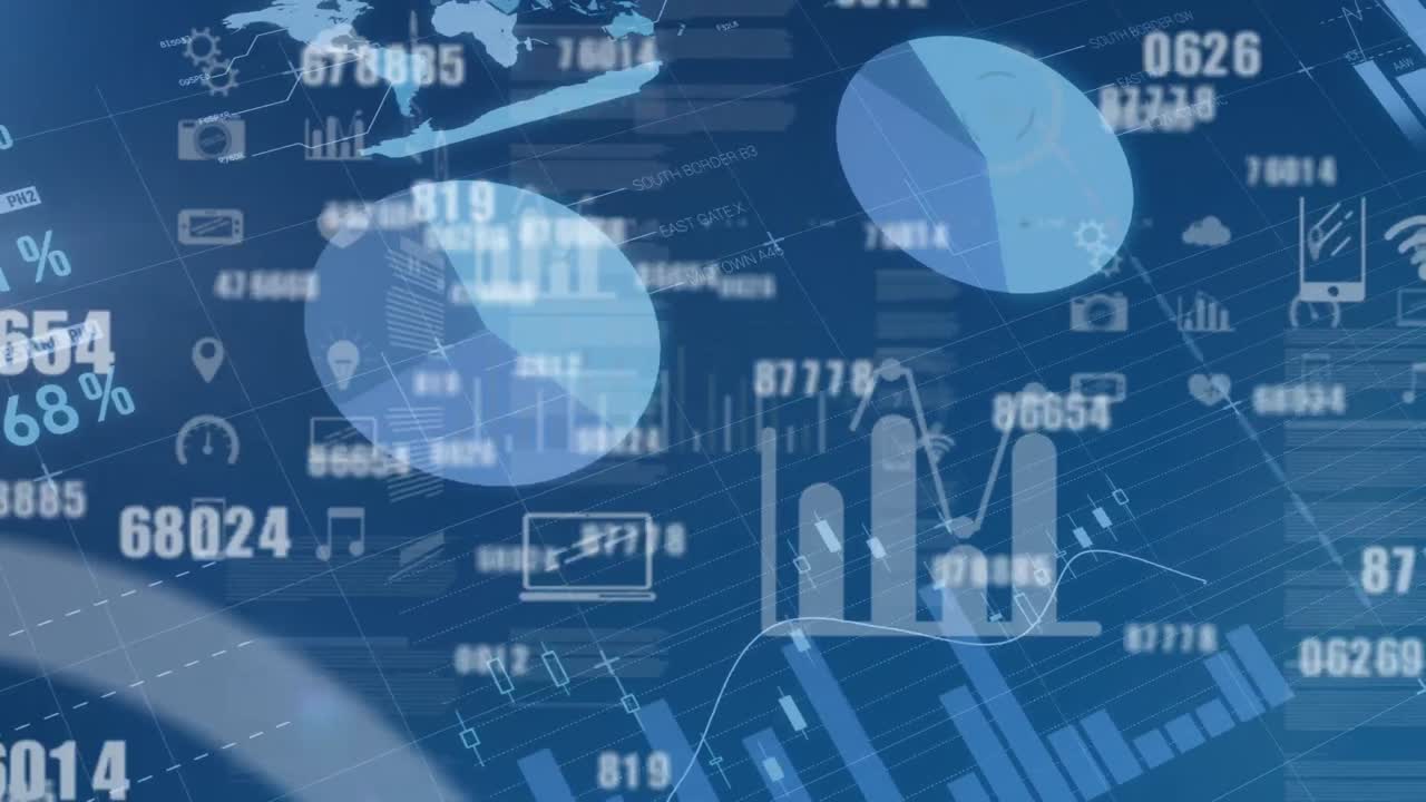 Animation of financial data processing over blue background