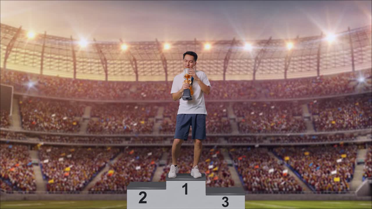 el ganador cantando en el podio