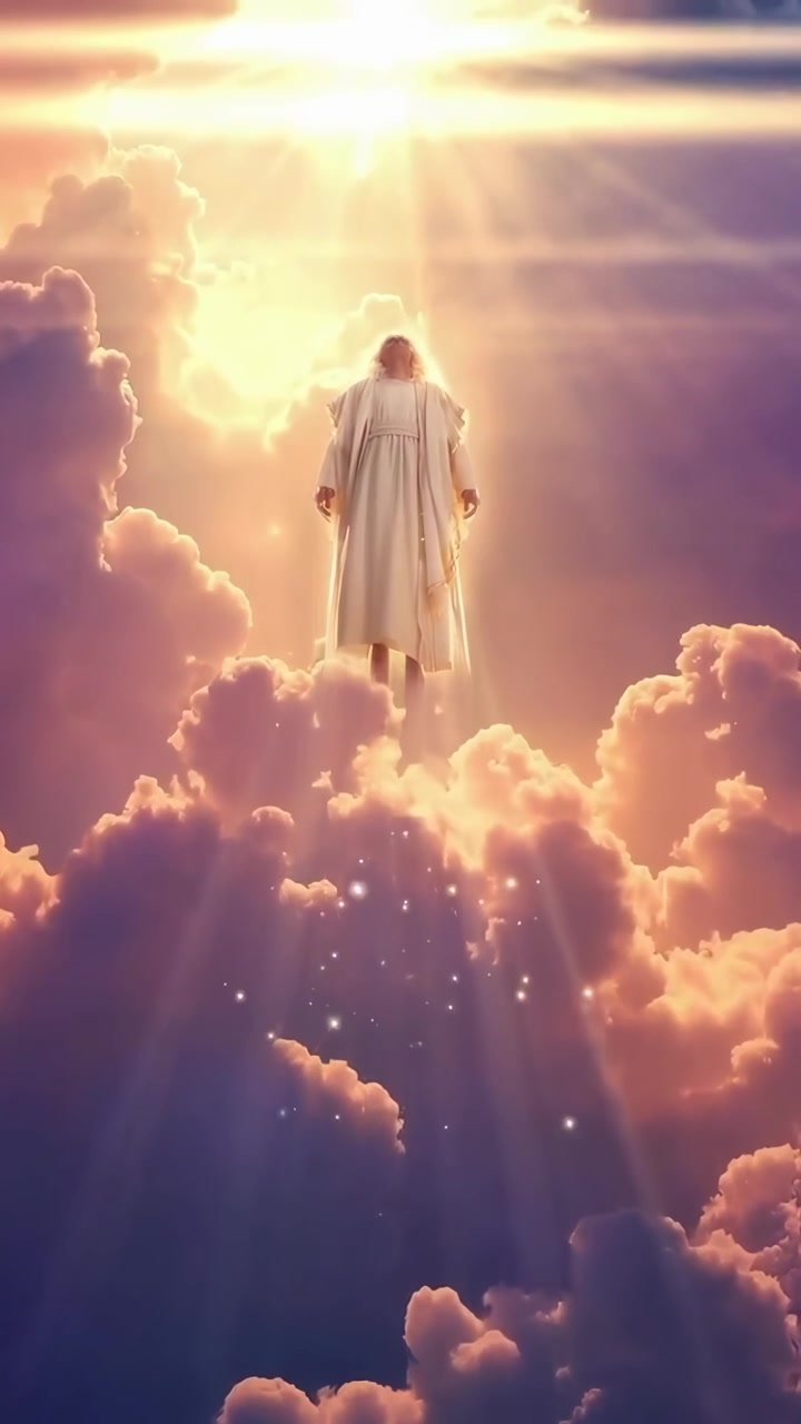 Figura in veste bianca che ascende verso una luce brillante sopra le nuvole