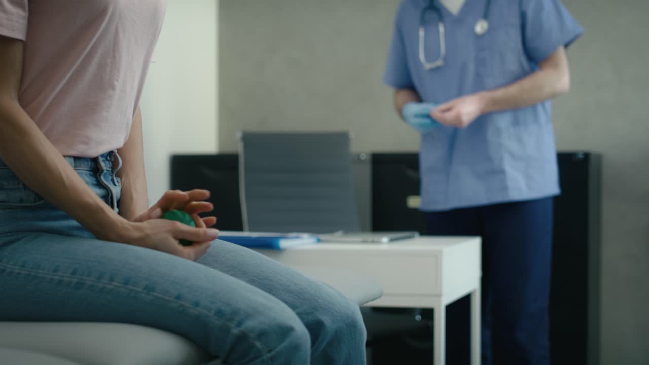 Donna caucasica seduta su un lettino medico che stringe una palla antistress mentre il dottore si prepara per la visita medica sullo sfondo.