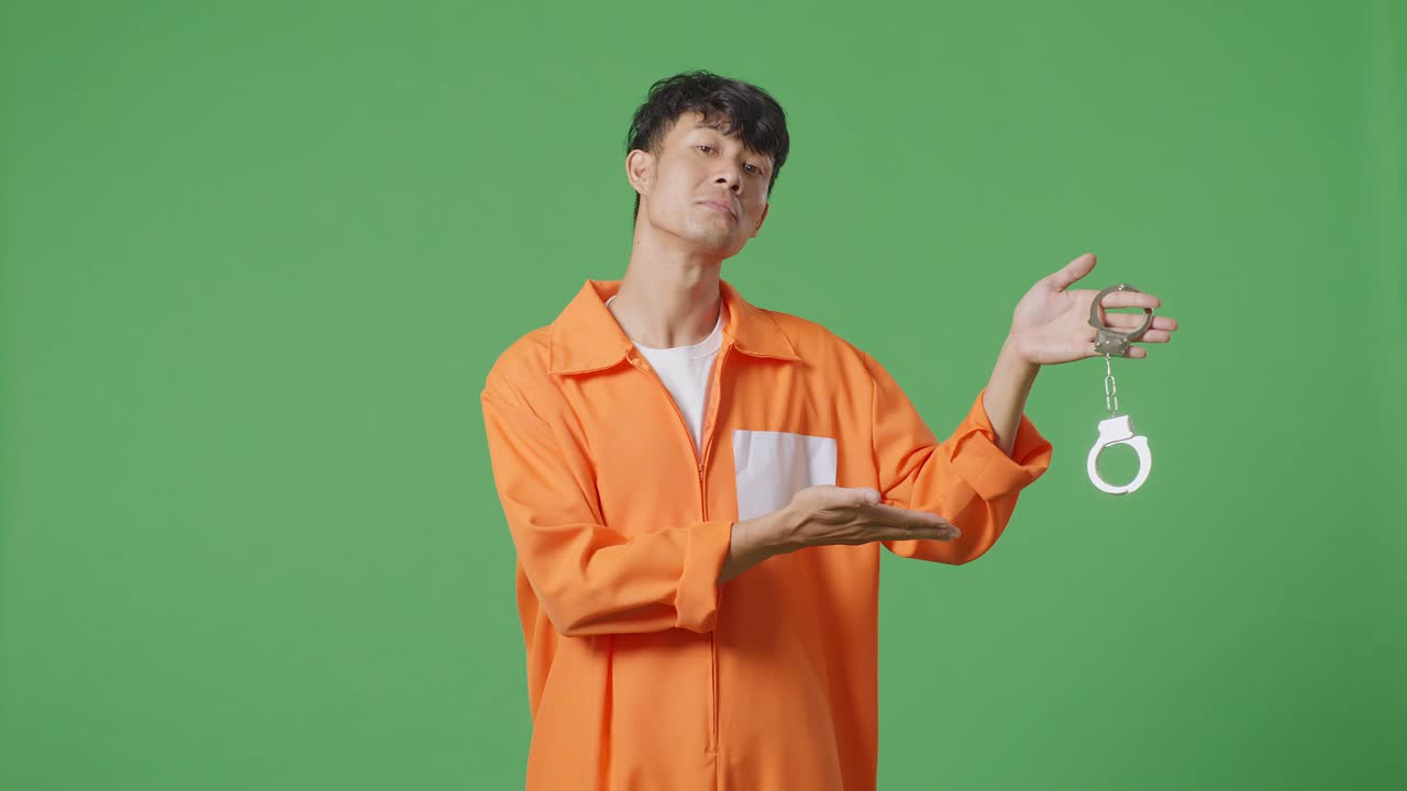 오렌지색 슈트를 입은 남자가 수갑을 들고 있다