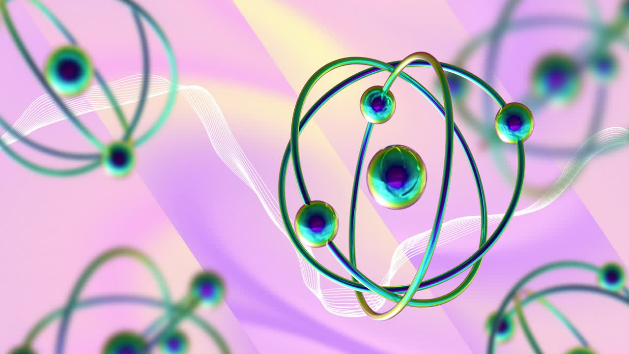 Animation of atoms moving over waving multi coloured background