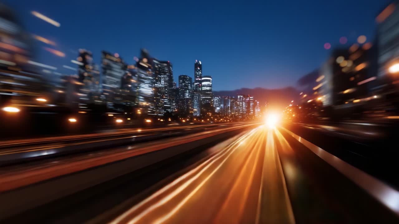 A Dynamic Urban Night Scene Captured in Motion, Highlighting Bright Lights and Skyscrapers in a Blurred Cityscape Filled with Energy and Movement