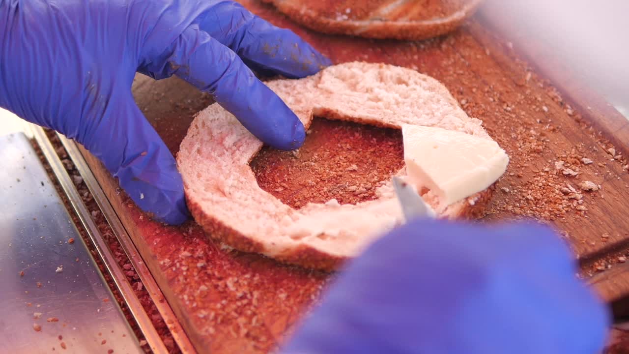 Preparing Turkish Simit Sandwiches