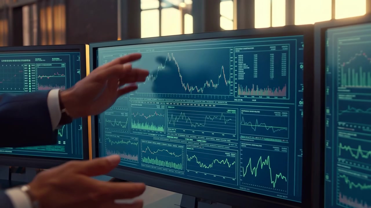 Hands gesture in front of several office monitors displaying financial charts, market data, and analytical dashboards in warm sunlight inside a modern workspace
