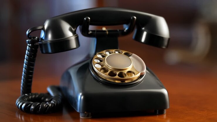 Téléphone à cadran rotatif noir vintage sur un bureau en bois