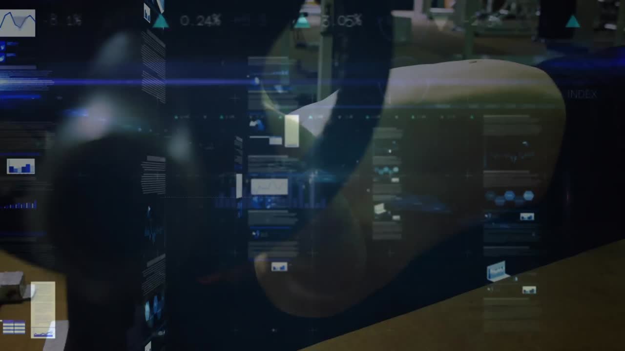 Animation of network of connections and data processing over man exercising in gym