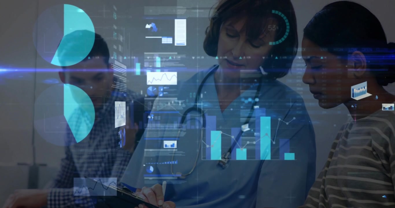 female nurse writing notes at clinic, with patients listening under digital health charts floating