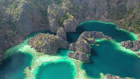 drone aerial view of twin lagoon, coron island, philippines