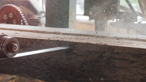 máquina de aserradura en la fábrica de producción de madera. procesamiento y corte de material de madera en el aserradero. proceso de fabricación en el molino de madera. máquina de aserrado circular automática