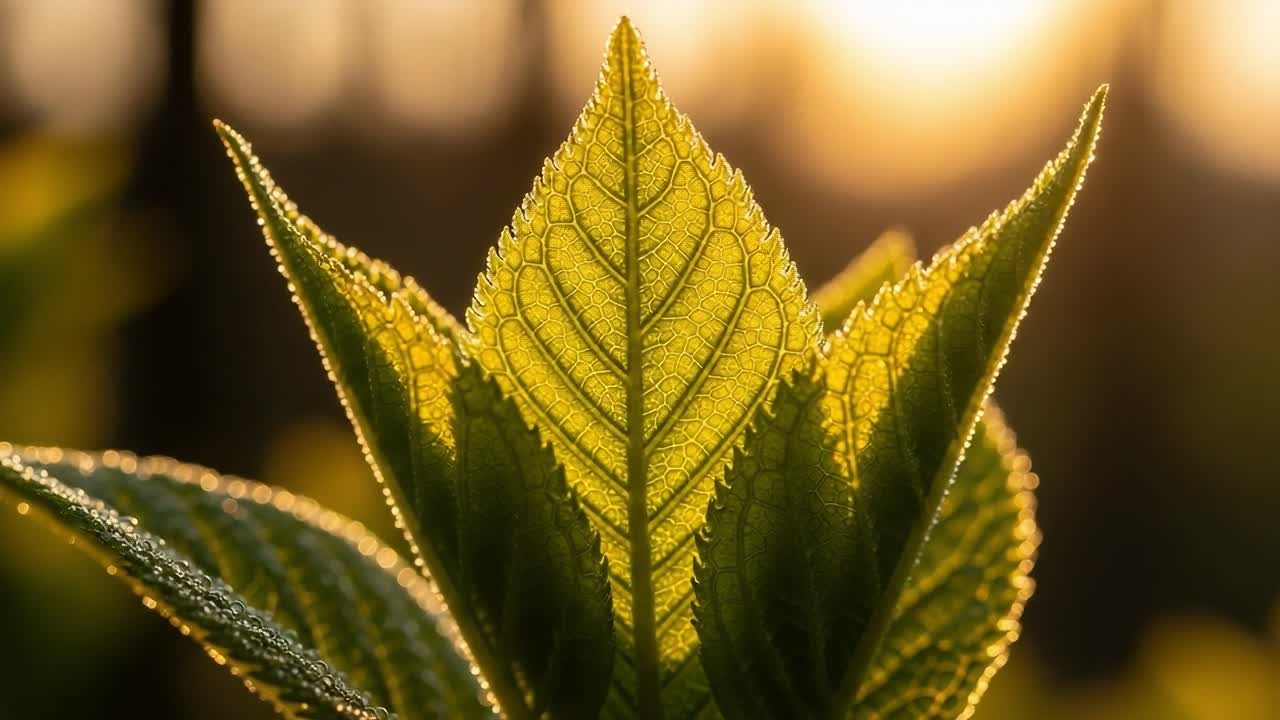 The Beauty of Nature: A Close-Up Exploration of Shimmering Green Leaves Illuminated by Warm, Soft Evening Light in a Serene Environment
