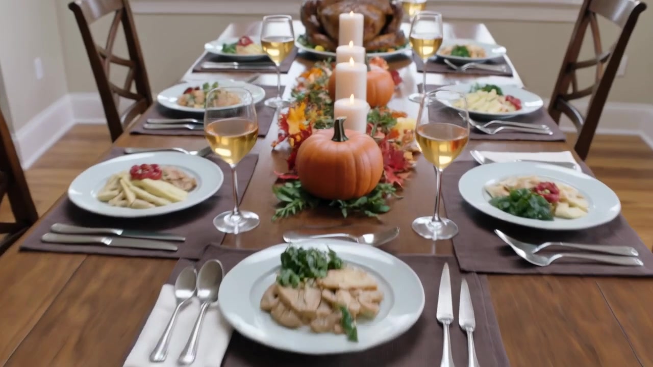 Smiling man in plaid and woman leaning, exclaiming and clasping guest hands, showing turkey table