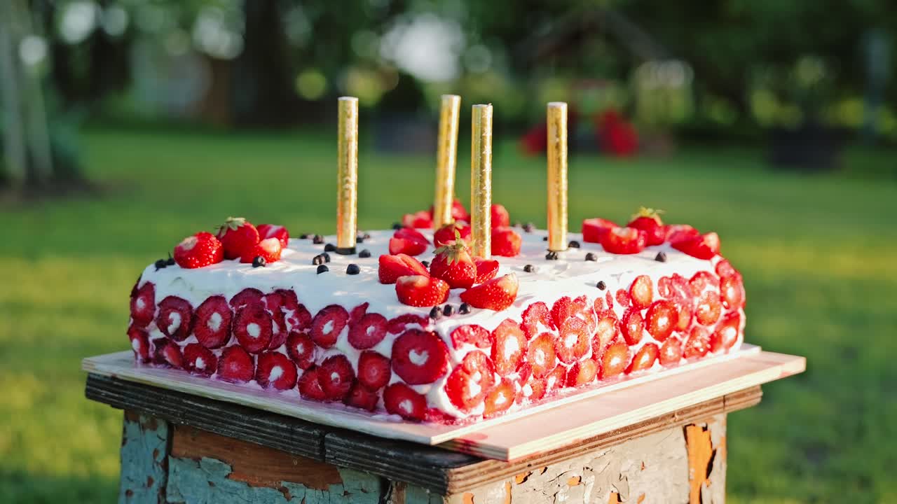 Torta rustica fatta in casa con fragole, panna montata e candele in luce dorata