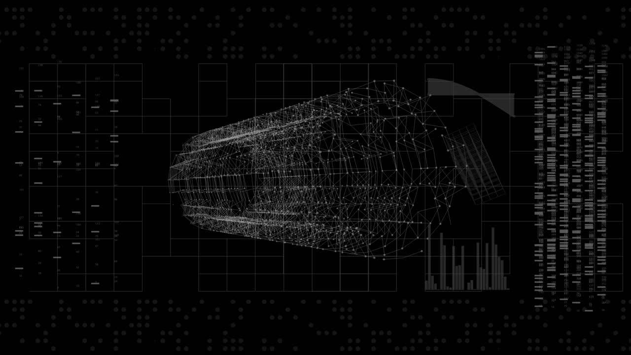 A high-tech user interface featuring a rotating 3D wireframe object accompanied by a scrolling data matrix. Ideal for cybersecurity and advanced monitoring sequences