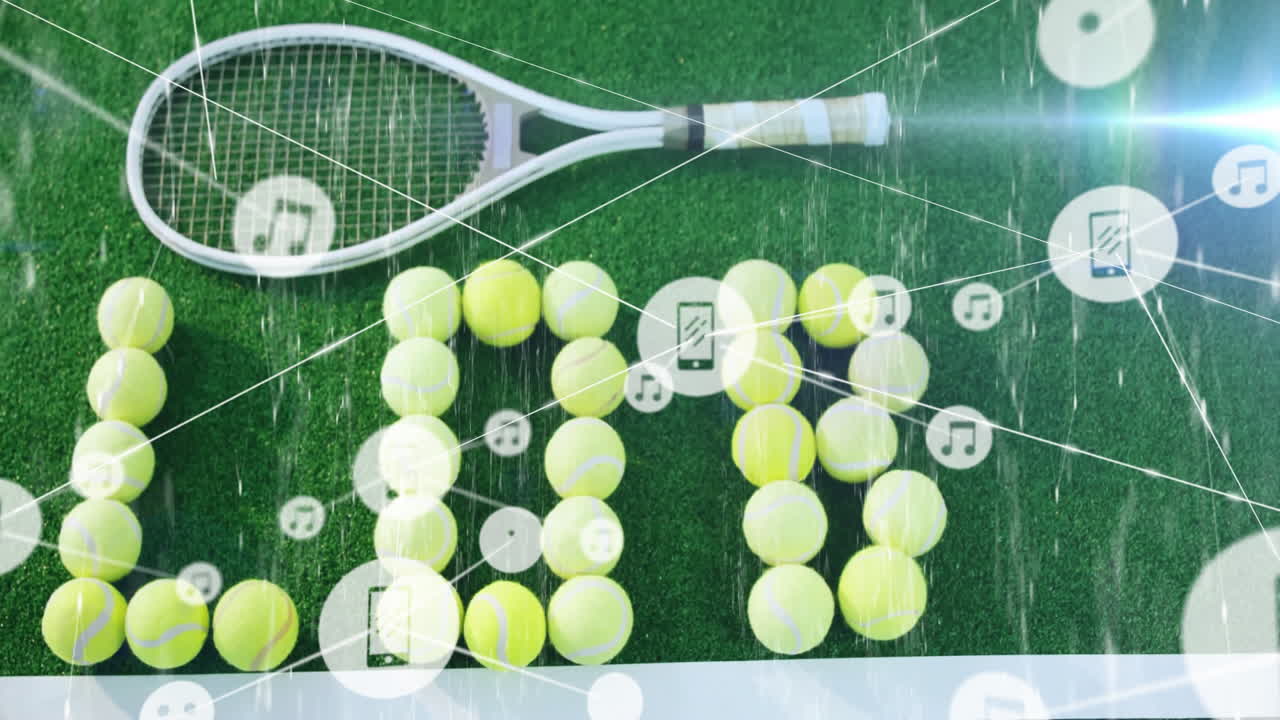White?frame racket with yellow balls forming 100M on green turf, displaying digital network icons