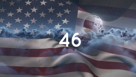 animation of counter numbers over clouds and flag of usa