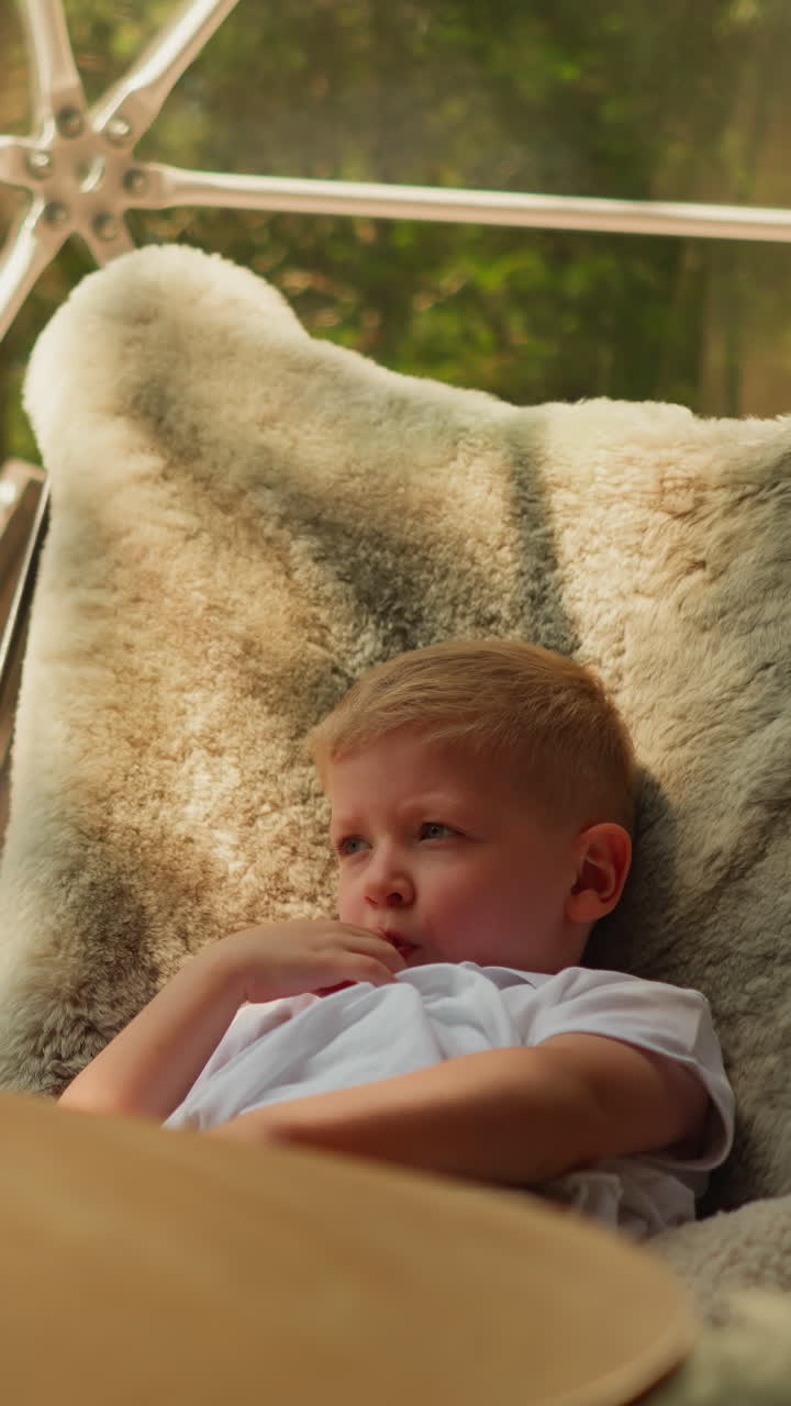 Thoughtful little boy sits in fur chair and watches nature surrounding glamping site. Curious child explores forest while sucking thumb and basking in sun