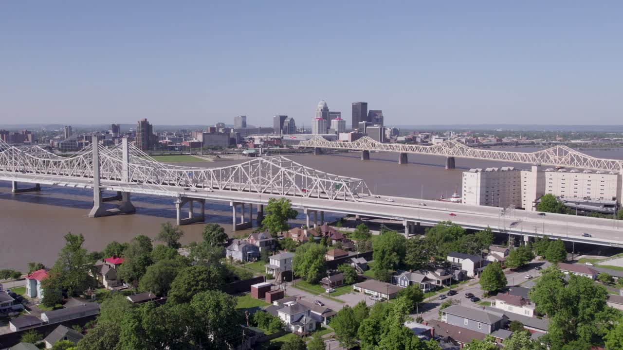 Crisp drone shot of the Louisville, Kentucky skyline on a clear day with no clouds. Ideal for real estate, tourism, or cityscape projects.