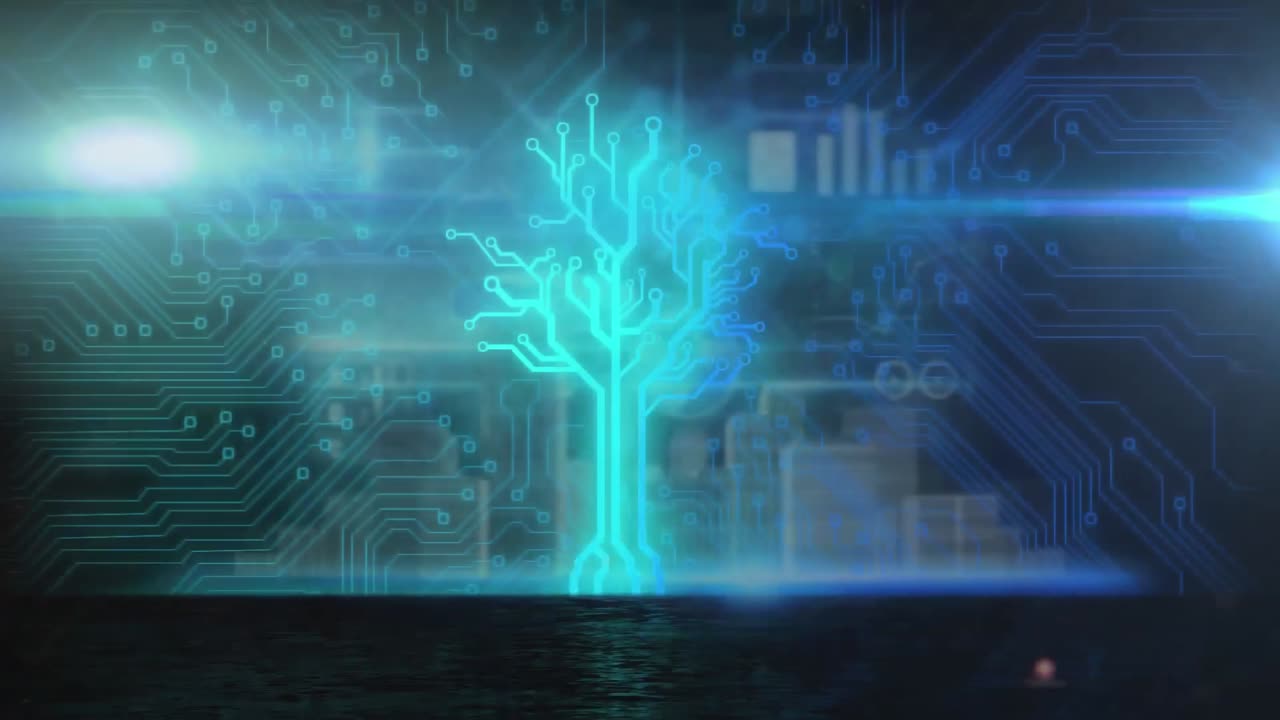 Animation of computer circuit board elements over globe and cityscape